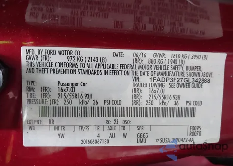 2016 Ford Focus Se from USA, damaged, VIN 1FADP3F27GL342888